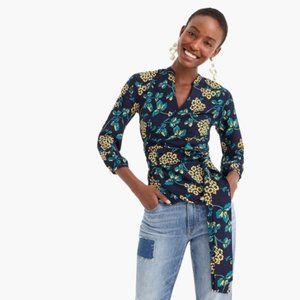 J. Crew Navy & Gold Floral Drapey Wrap Top Sz S